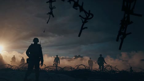 silhouetted infantry soldiers advancing across battlefield during sunset, barbed wire stretching in foreground with armored tank positioned against dramatic sky backdrop