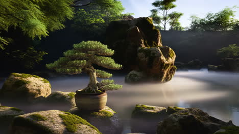 a serene bonsai tree in a misty japanese garden