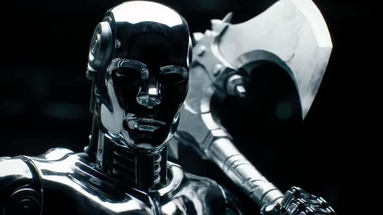 A Futuristic Robotic Warrior with a Gleaming Axe Showcasing Its Metallic Features and Power in a Dark, Dramatic Setting, Symbolizing Strength and Technology