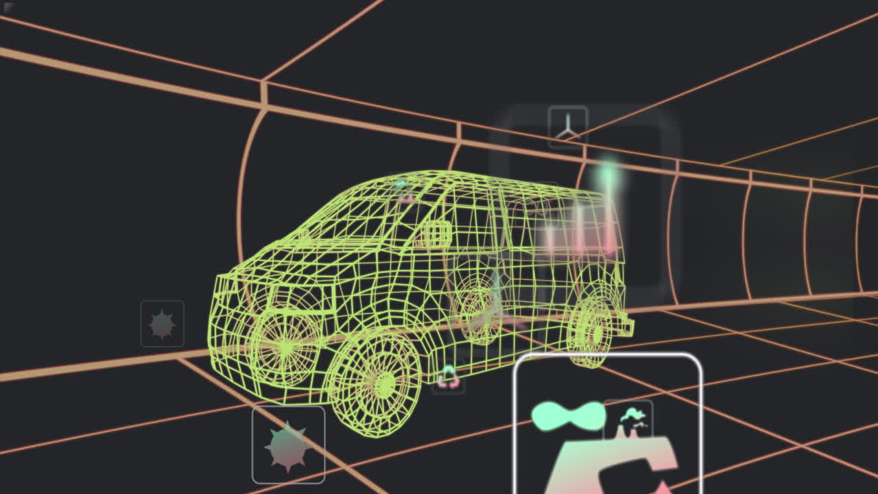 анимация нескольких цифровых иконок над 3d-моделью фургона, движущейся по бесшовной схеме в туннеле