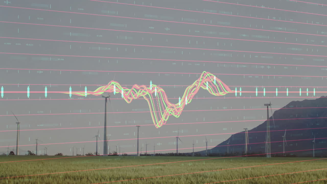 Wind turbines in field with financial data graph animation over landscape