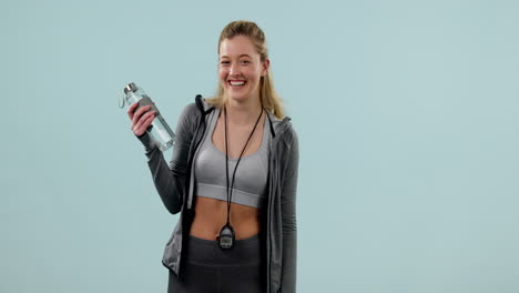 face, fitness and happy woman with water bottle