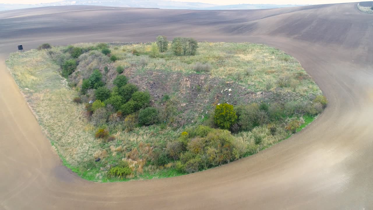 Moravia rolling hills, agriculture fields and trees. Aerial view. Czech Republic