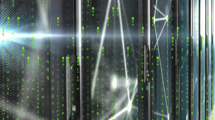 Digital Binary Code and Network Connections Flowing Over Server Racks