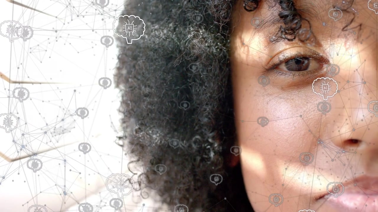 Woman blinking while sunlight shifts, AI node overlay mapping neural connections over face