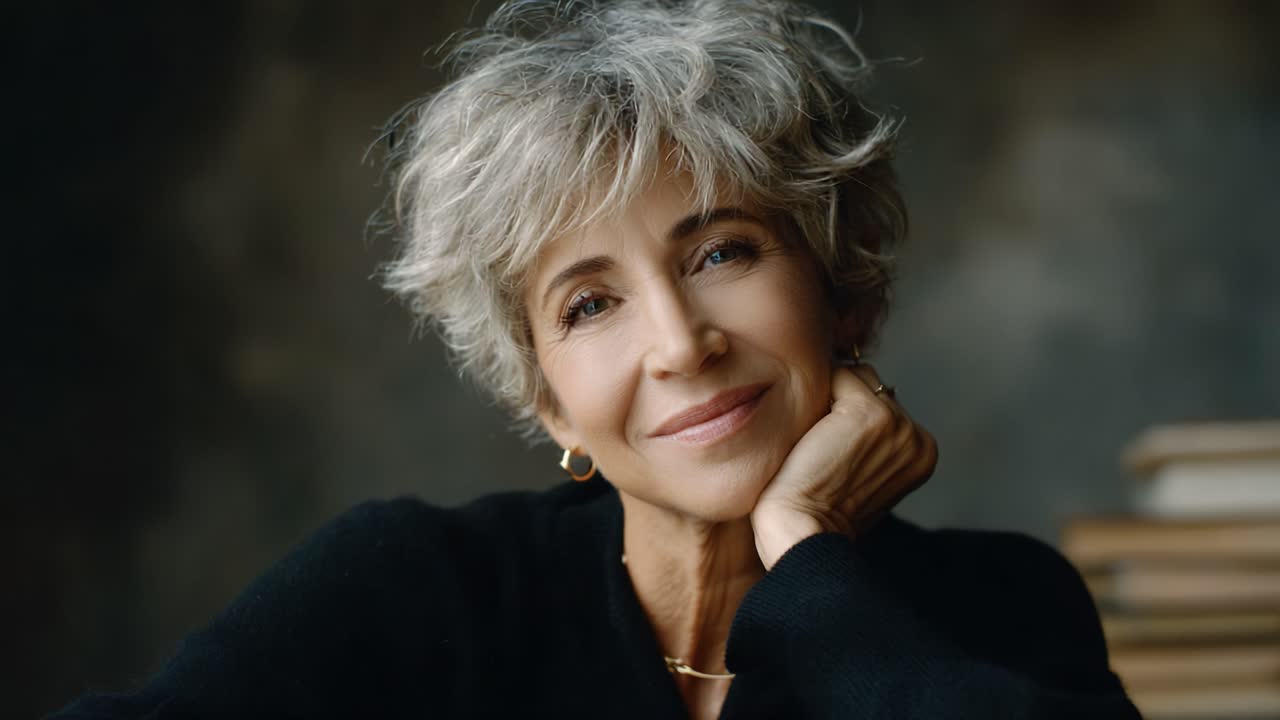 Captivating Portrait of a Mature Woman Expressing Warmth and Wisdom, Highlighting Her Graceful Beauty and Timeless Charm in an Artistic Setting