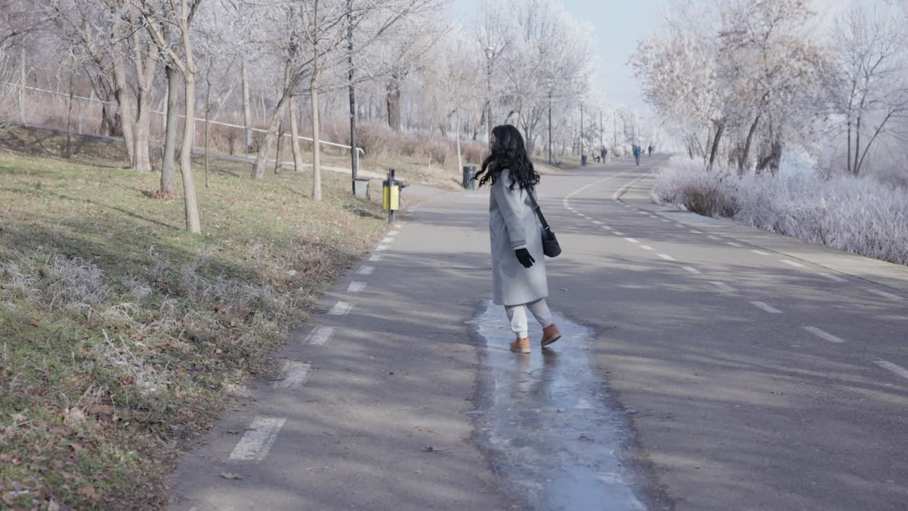 겨울에 도로에서 얼어붙은 웅이를 통해 미끄러지는 여자