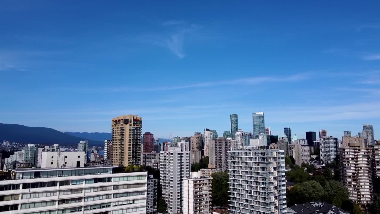 Aerial rise over sunny summer mountain valley city on a hot summer day with gradiations of blue skys in busy hot spot with hotels pubs night clubs apartments office towers resturants parks and more
