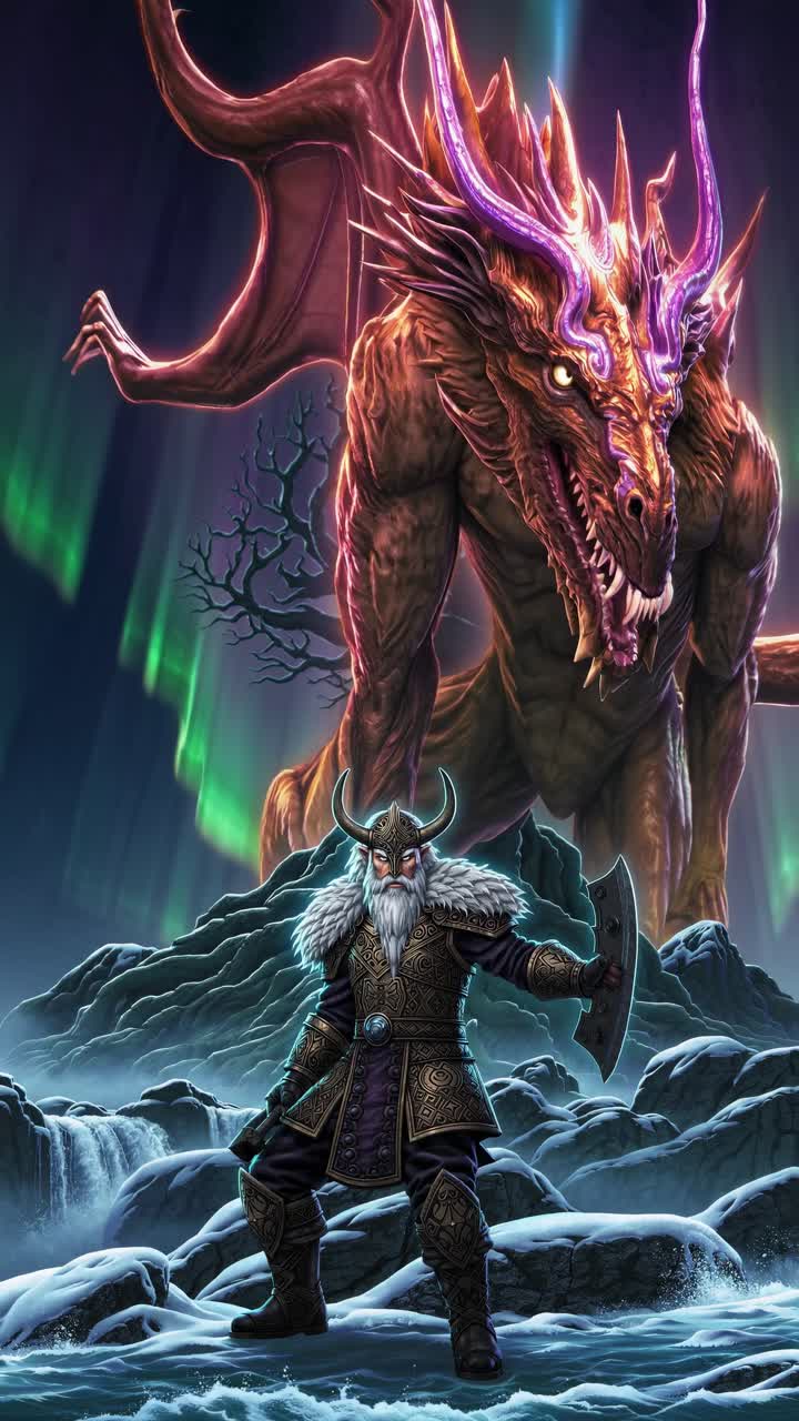 Scena fantasy epica con un guerriero vichingo sotto le aurore. L'angolazione dal basso ne esalta l'effetto drammatico.
