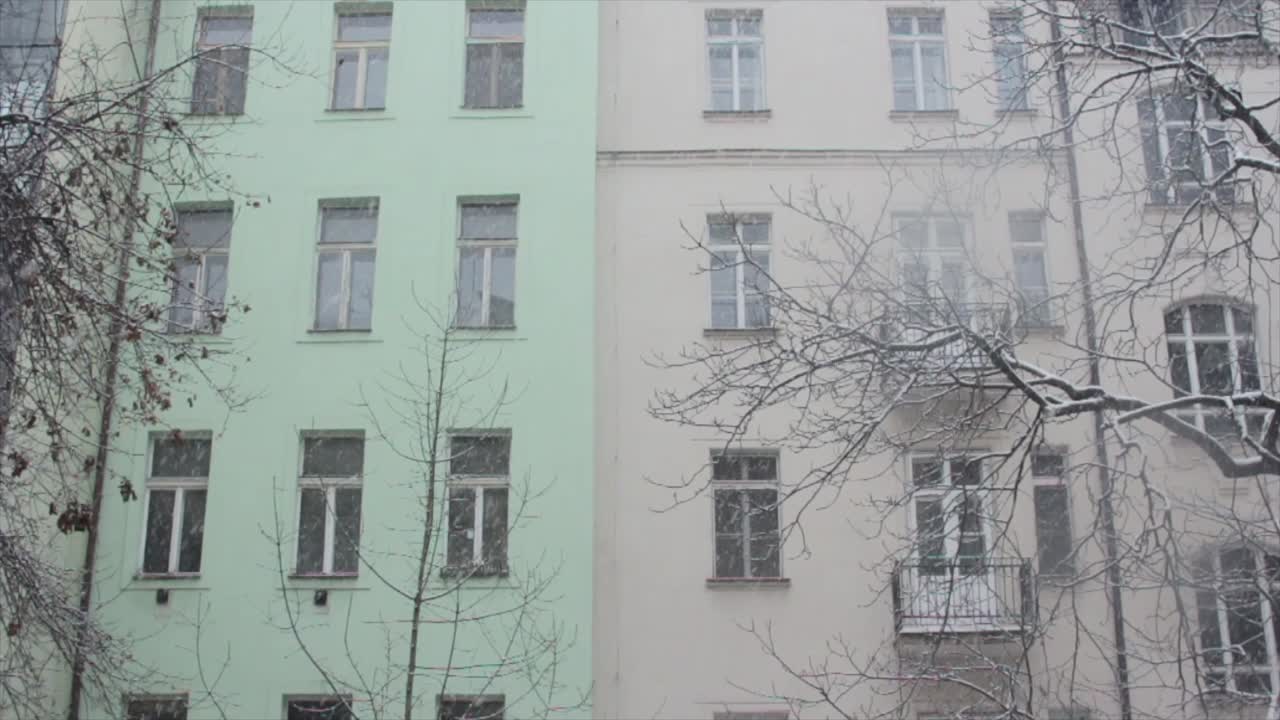 A view from a window in the winter. Outside is snowing.