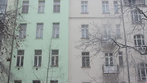 a view from a window in the winter. outside is snowing.