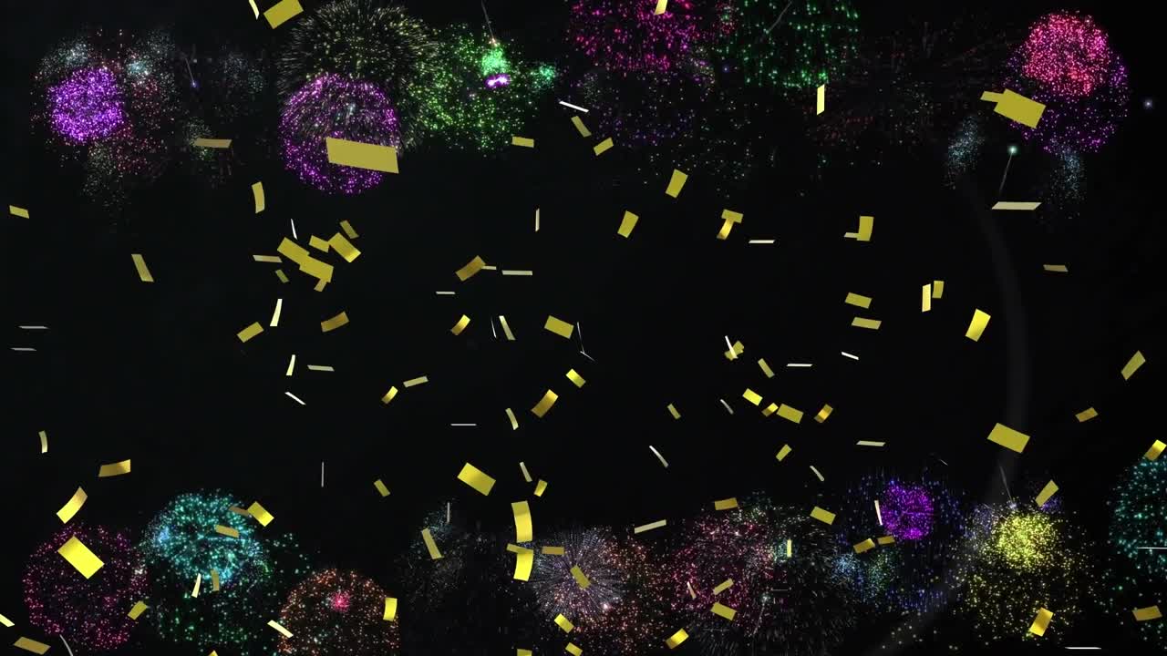 animación de fuegos artificiales explotando y confeti de oro cayendo sobre un fondo negro