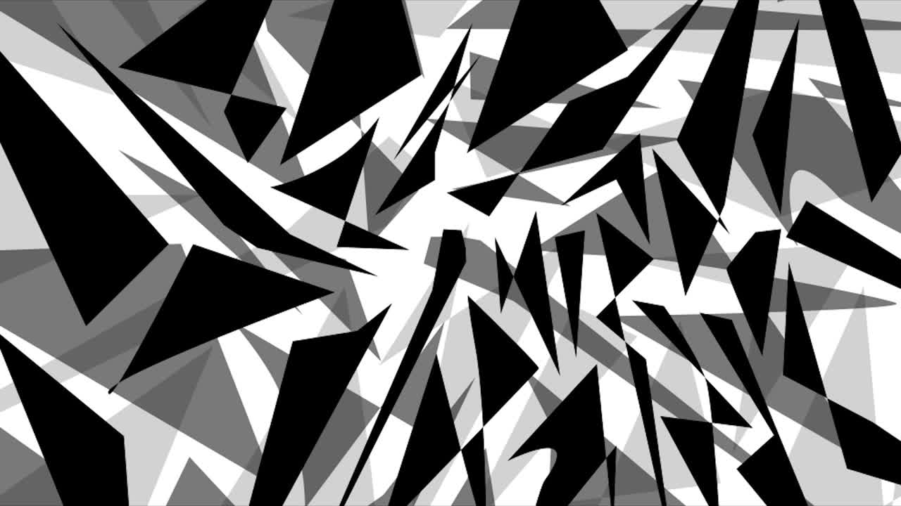 Black and white shapes of triangles and different shapes of figures in motion.