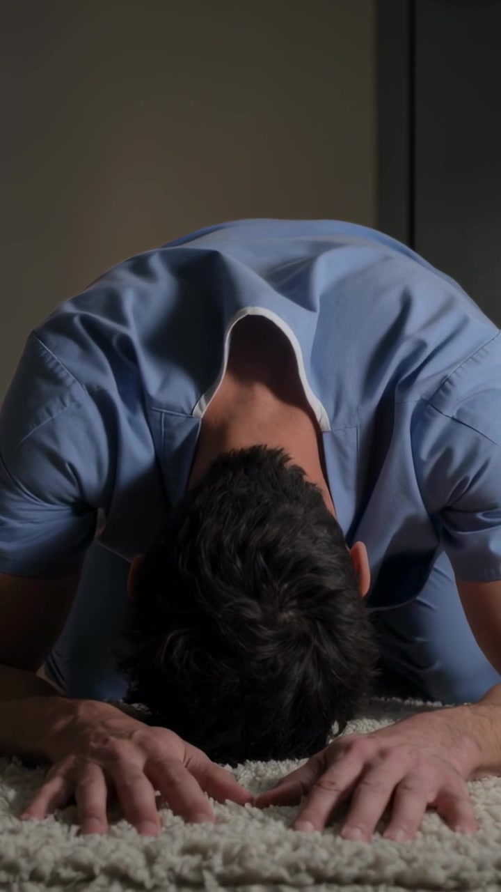 Video verticale: Un uomo in divisa medica si china, passando da una posizione inginocchiata a una con la fronte a terra, in una stanza su un tappeto.