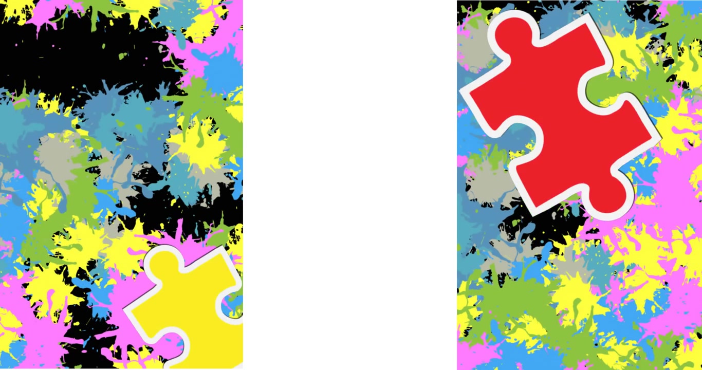Animation of colourful puzzle and stains over white line