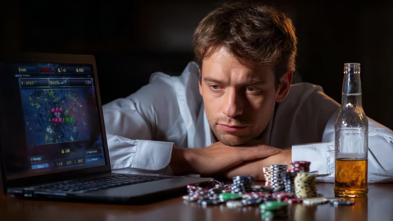 A Pensive Gambler Contemplates His Choices as He Engages with an Online Casino Game, Surrounded by Colorful Poker Chips and a Half-Empty Bottle, Highlighting the Tension Between Risk and Reward