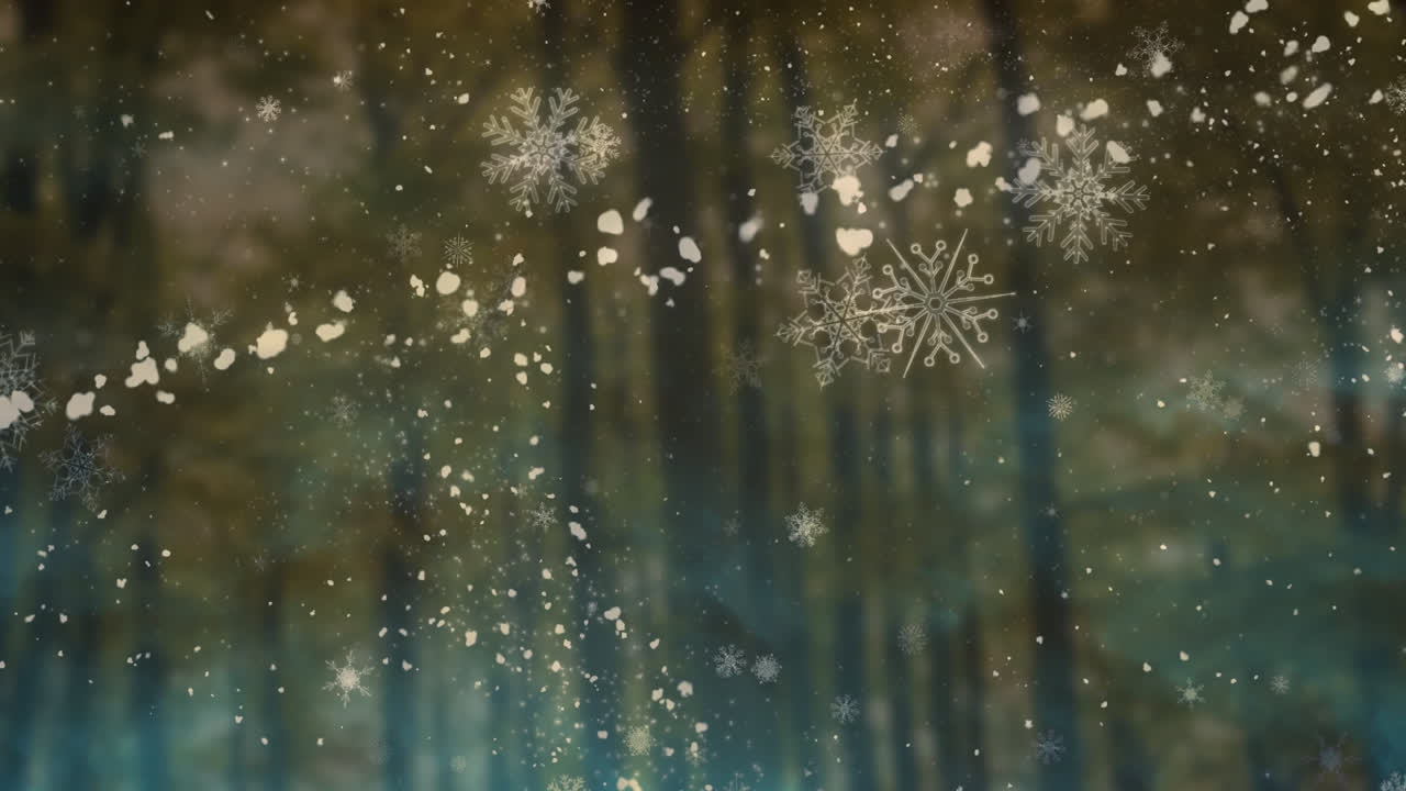 Animação de estrela cadente e neve caindo sobre fundo de floresta