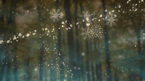 animation of shooting star and snow falling over forest background