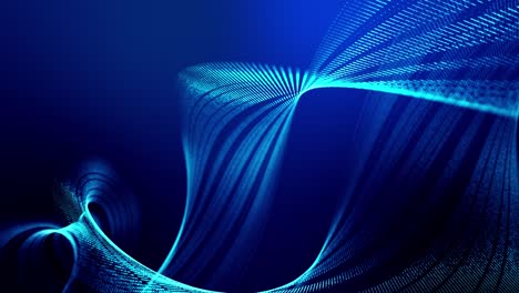 4k looped abstract background of glow particles form lines, surfaces as futuristic landscape in cyberspace or hologram. sci-fi theme of microworld, nanotechnology or cosmic space. blue spiral