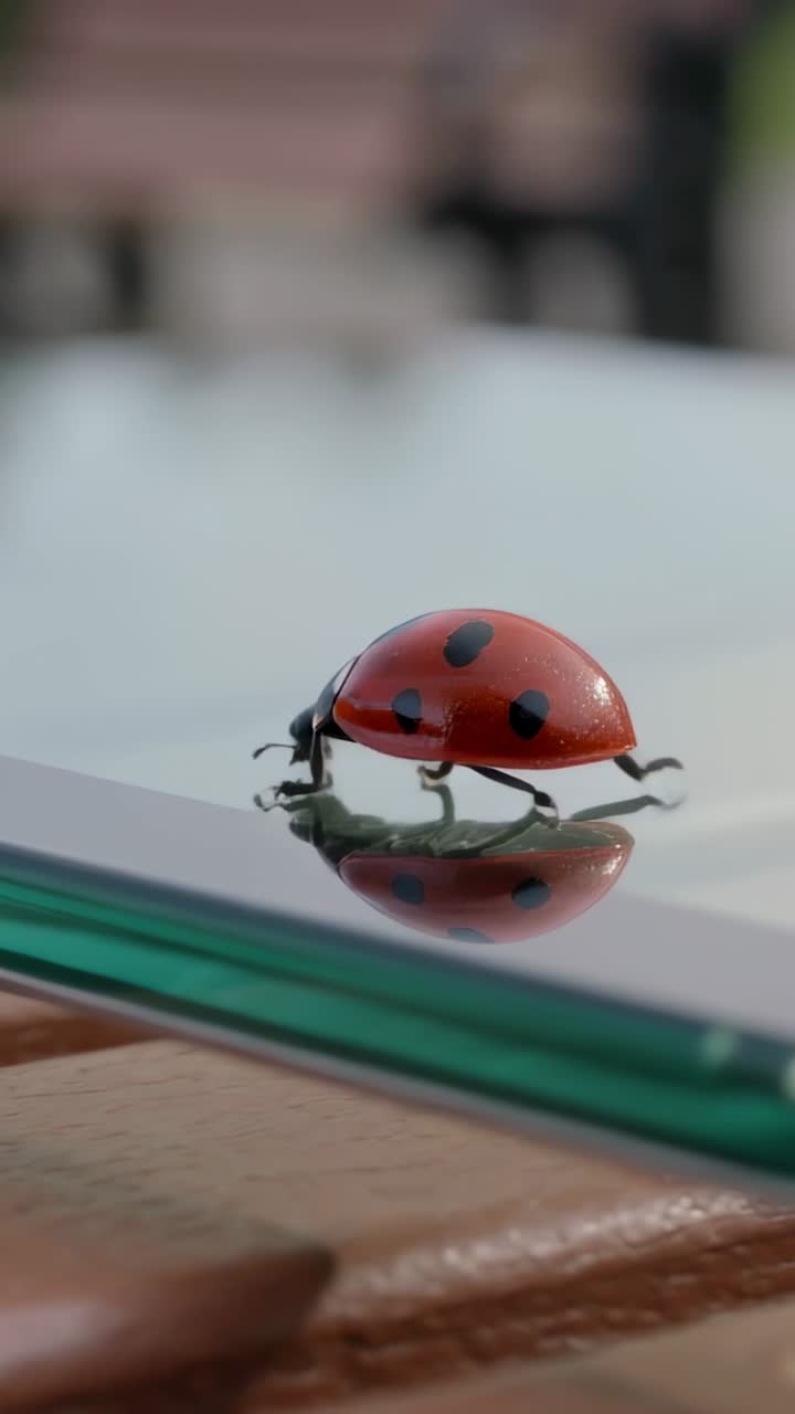Ladybug landing on glossy touchscreen and walking right while exploring, reflection tracking nature