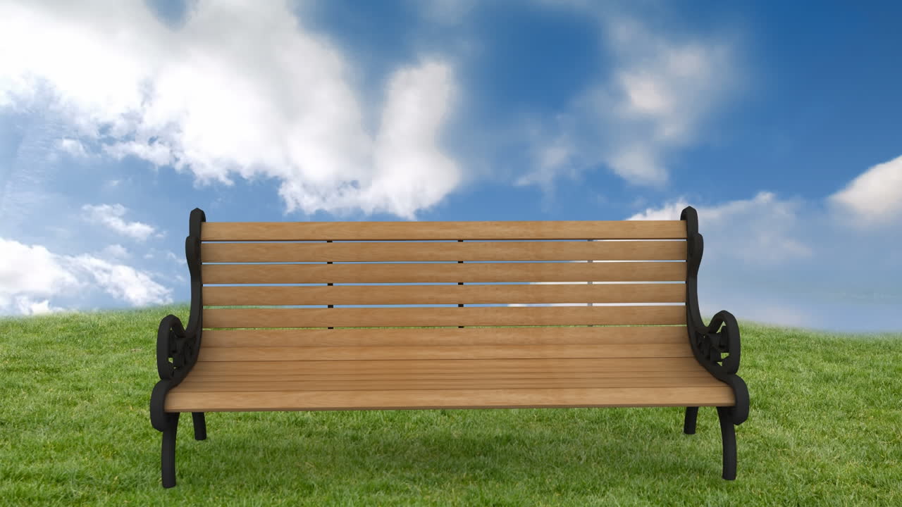 배경에서 하늘에서 빠르게 움직이는 구름 위의 벤치의 애니메이션