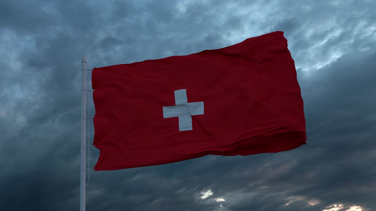 bandera realista de suiza ondeando en el viento contra el cielo tormentoso profundo y pesado