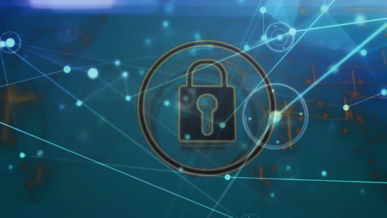 animación del icono del candado de seguridad, la red de conexiones y los senderos de luz contra un fondo azul