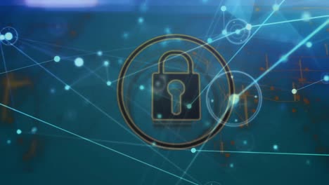 Animation of security padlock icon, network of connections and light trails against blue background