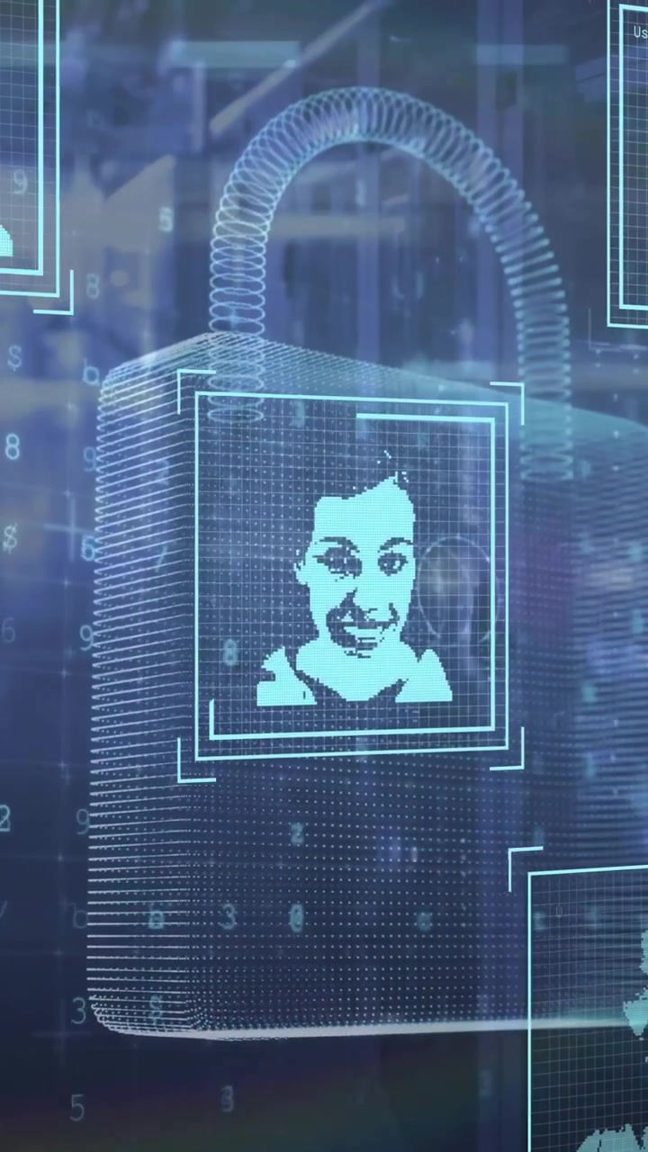 Animación de fotos biométricas, candado y procesamiento de datos digitales sobre servidores informáticos