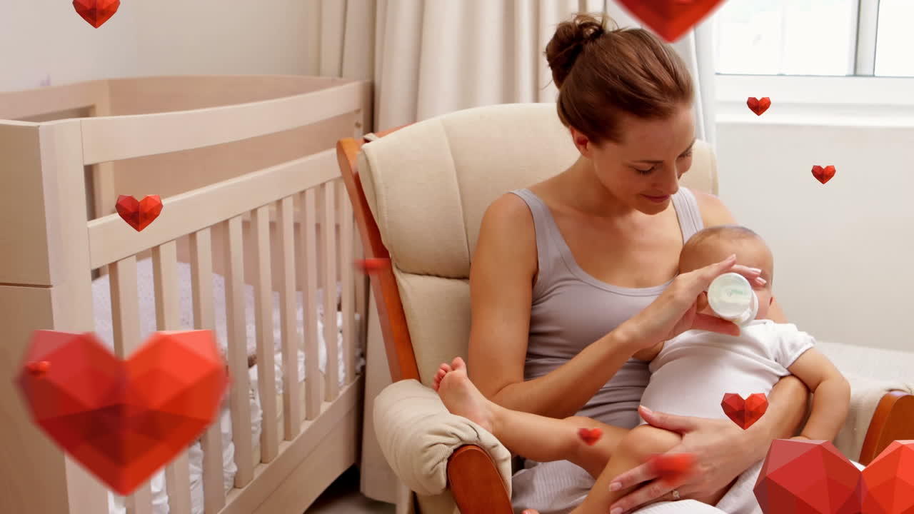 그녀의 아기와 함께 백인 어머니에 대해 떨어지는 마음의 애니메이션