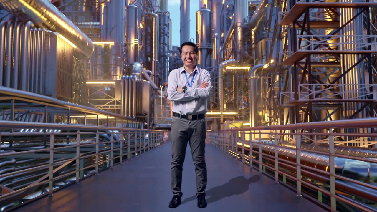 Full Body Shot Captures Of An Asian Male Professional Worker Standing At A Vast Oil Refinery, His Broad Smile At The Camera And Cross His Arm Over His Chest