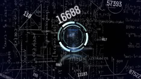 animation of processing circle and numbers over diverse data on black space