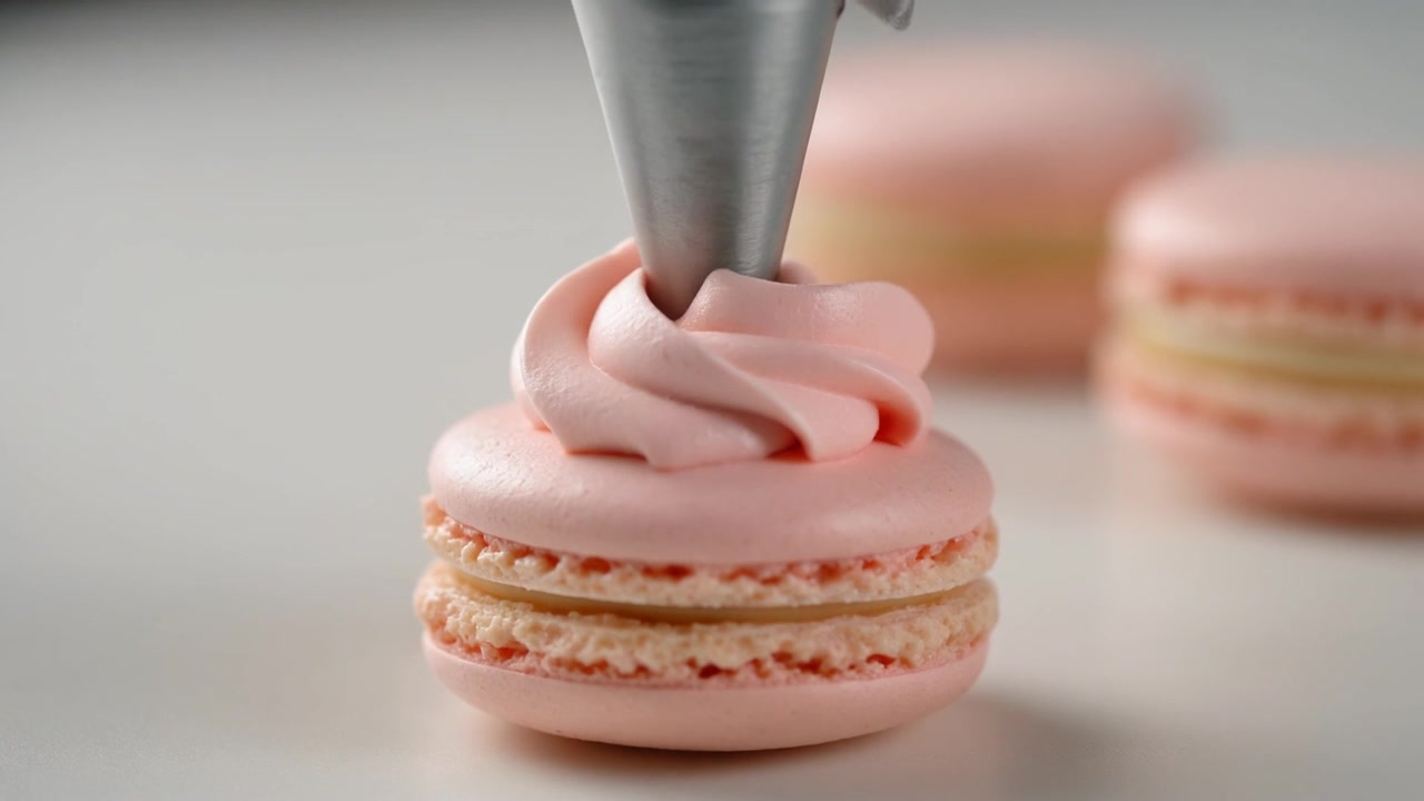 Piping Pink Cream onto a French Macaron Cookie