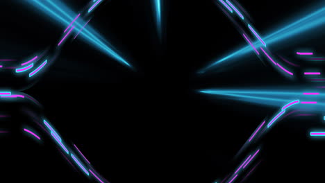 animation of strobing blue and pink neon light beams over neon data streaming on black background