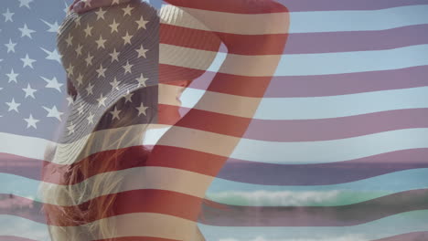 enjoying beach view, woman with american flag animation in background