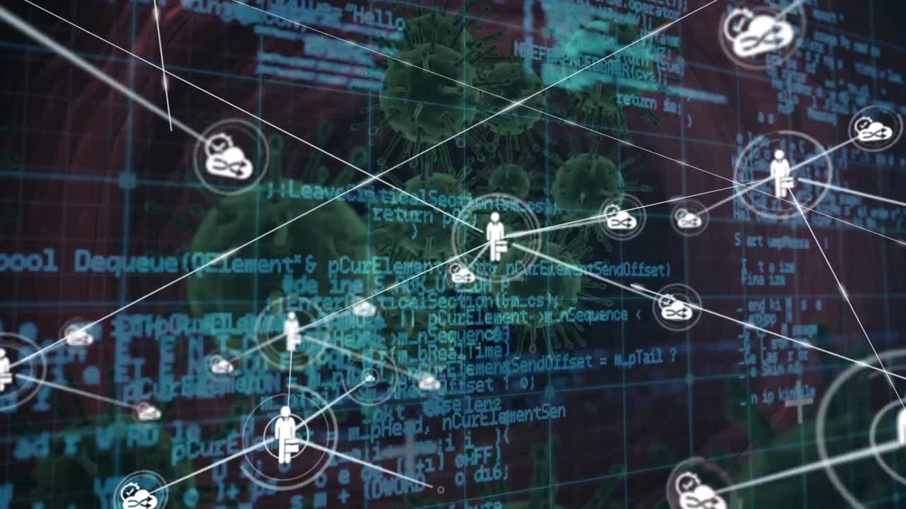 Animation of network of connections with media icons over virus cells