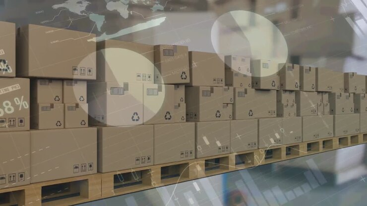 Animation of statistics and data processing over cardboard boxes on conveyor belt