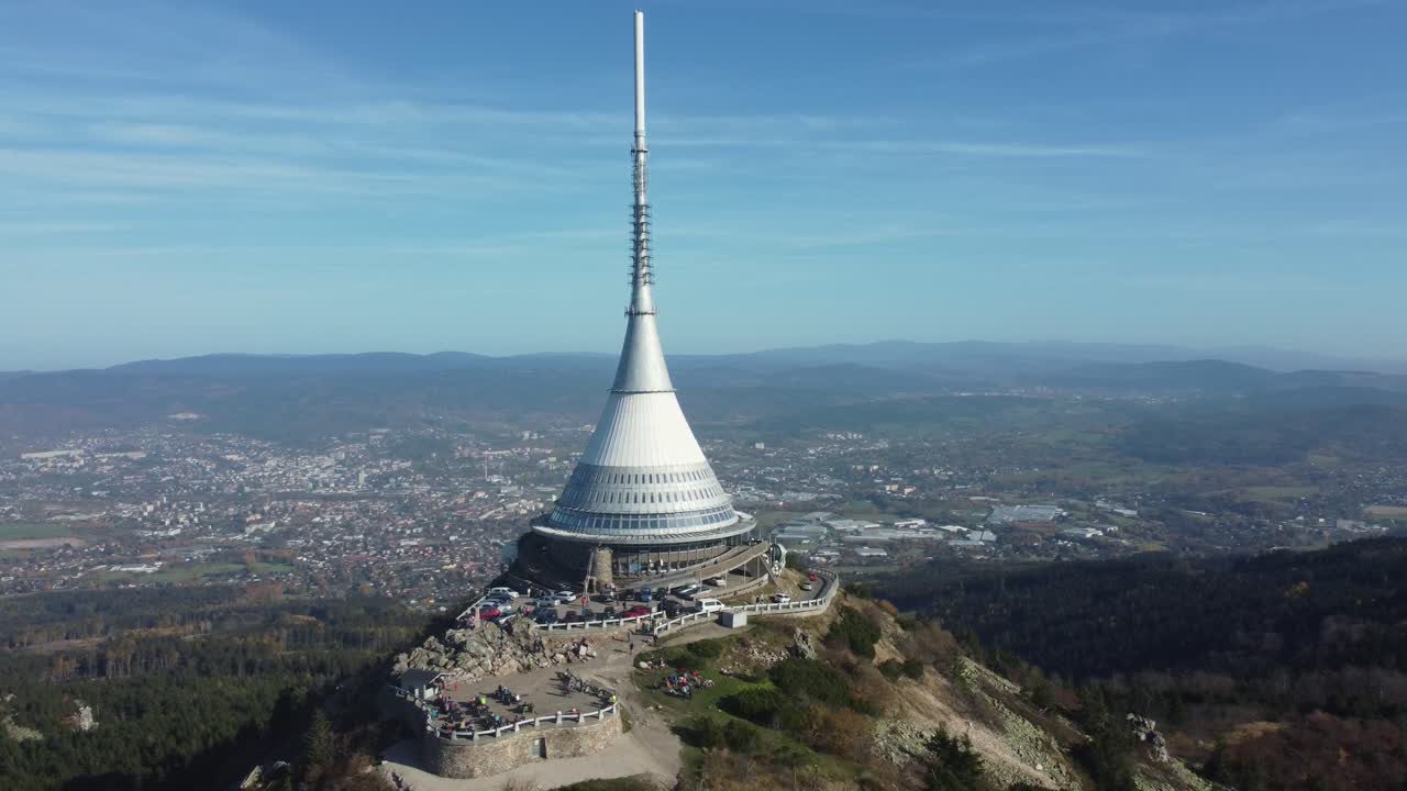 Tower And Hotel On The Summit Of Jested Mountain In The Czech Republic. Aerial Drone Shot