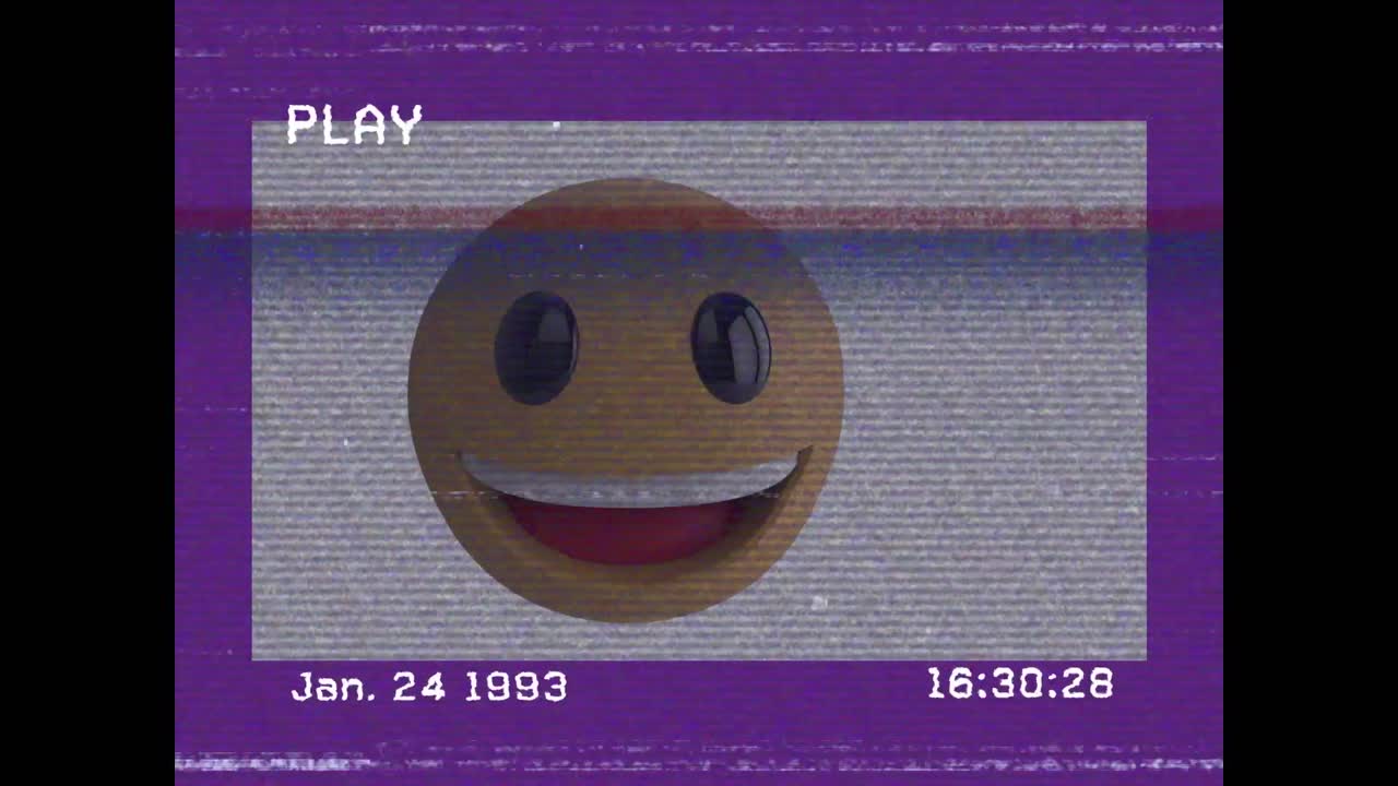 Digitale animatie van een VHS-glitch-effect over een lachende gezichtsemoji op een paarse achtergrond