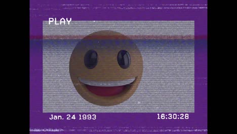 animación digital del efecto de falla de vhs sobre el emoji de la cara sonriente en un fondo púrpura