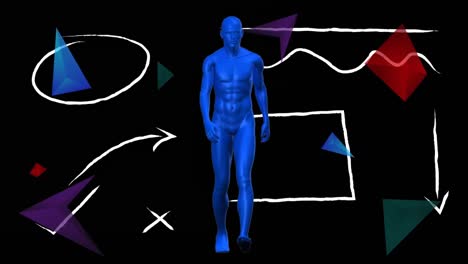 Digital-animation-of-human-body-model-walking-against-colorful-abstract-shapes-on-black-background