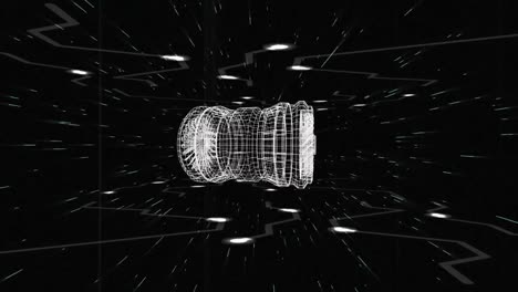Animation of 3d technical diagram of jet engine over white lights on black background