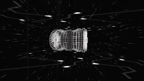 animation of 3d technical diagram of jet engine over white lights on black background