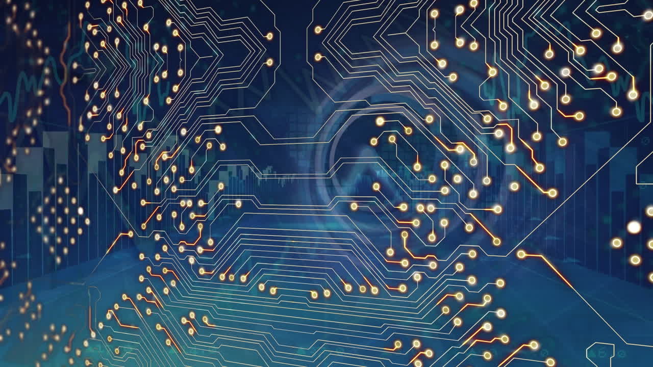 파란색 배경에 있는 데이터 위의 통합 회로의 애니메이션