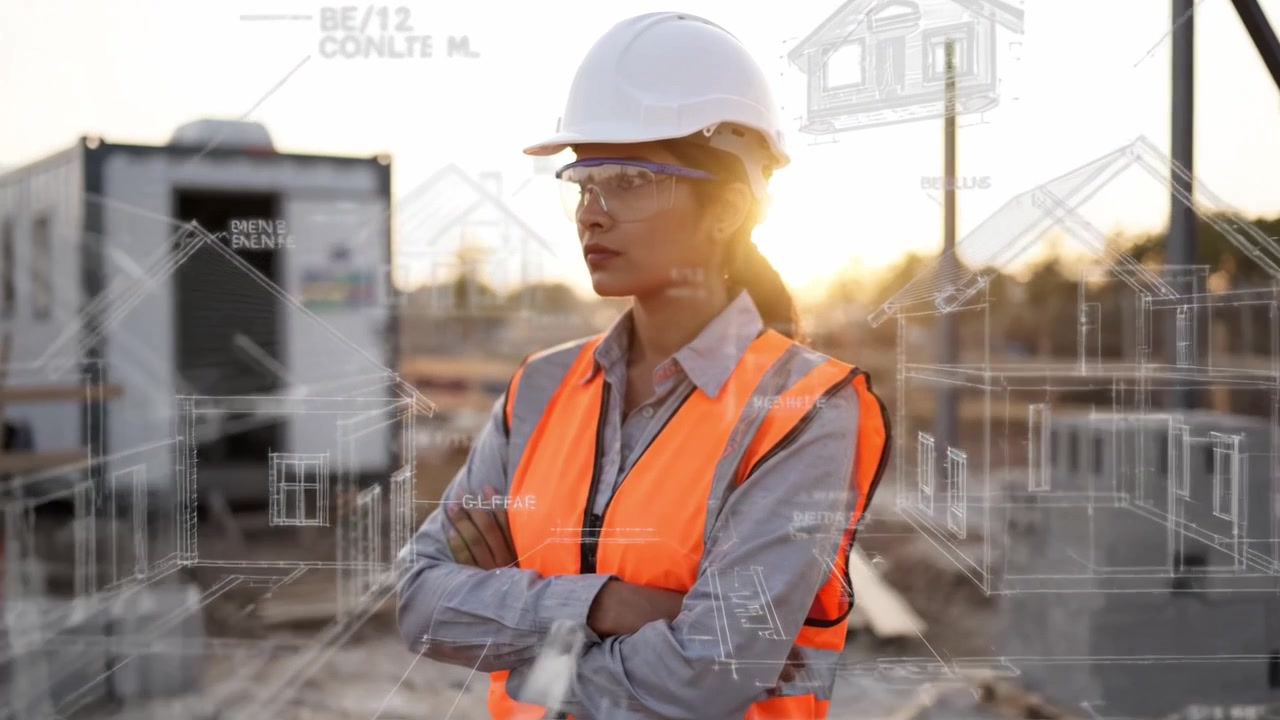 Trabalhador da construção focado supervisionando o desenvolvimento do projeto com plantas baixas em um ambiente de trabalho vibrante durante o pôr do sol em um canteiro de obras.