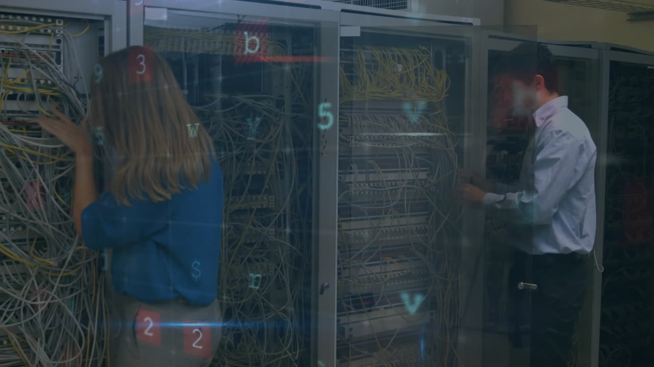 animación del procesamiento de datos con advertencia de ciberataque sobre diversos colegas en la sala de servidores