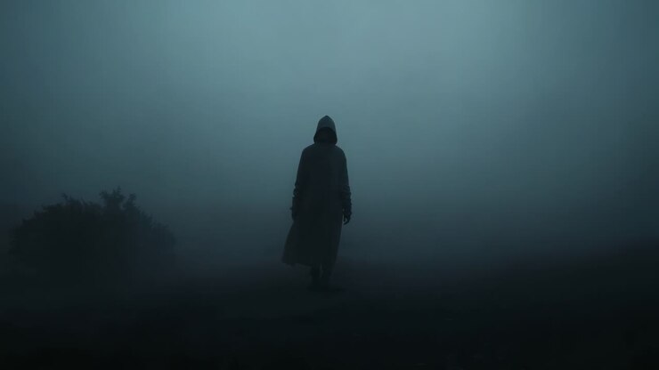 A solitary figure in a foggy landscape