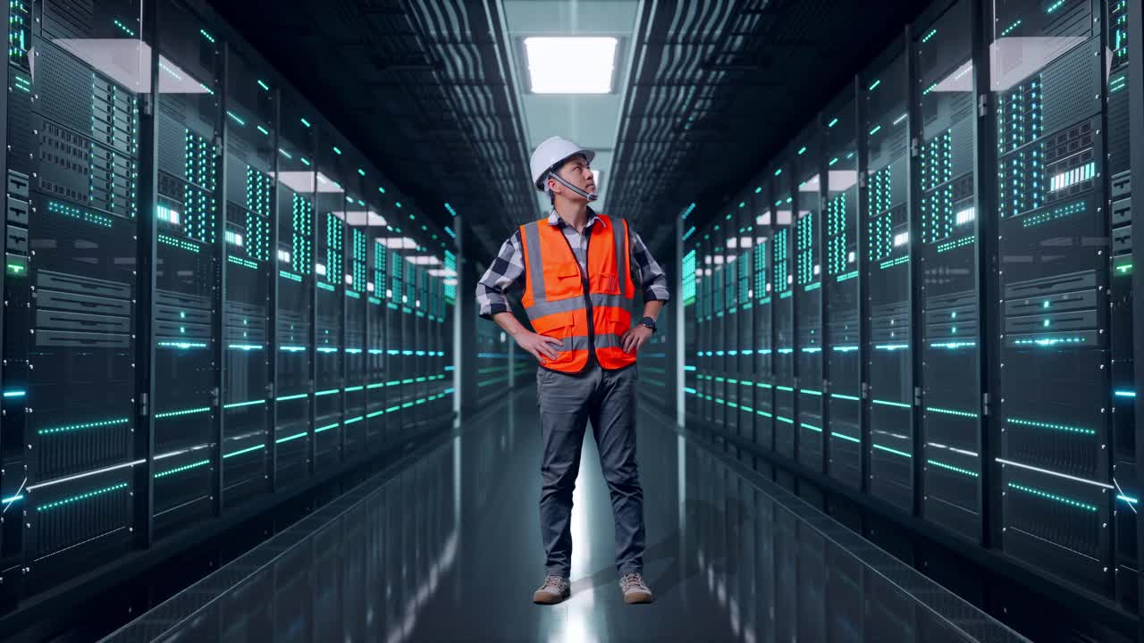 Full Body Of Asian Male Engineer Wearing Safety Helmet Looking Around While Standing With Arms Akimbo in Server Room Data Center