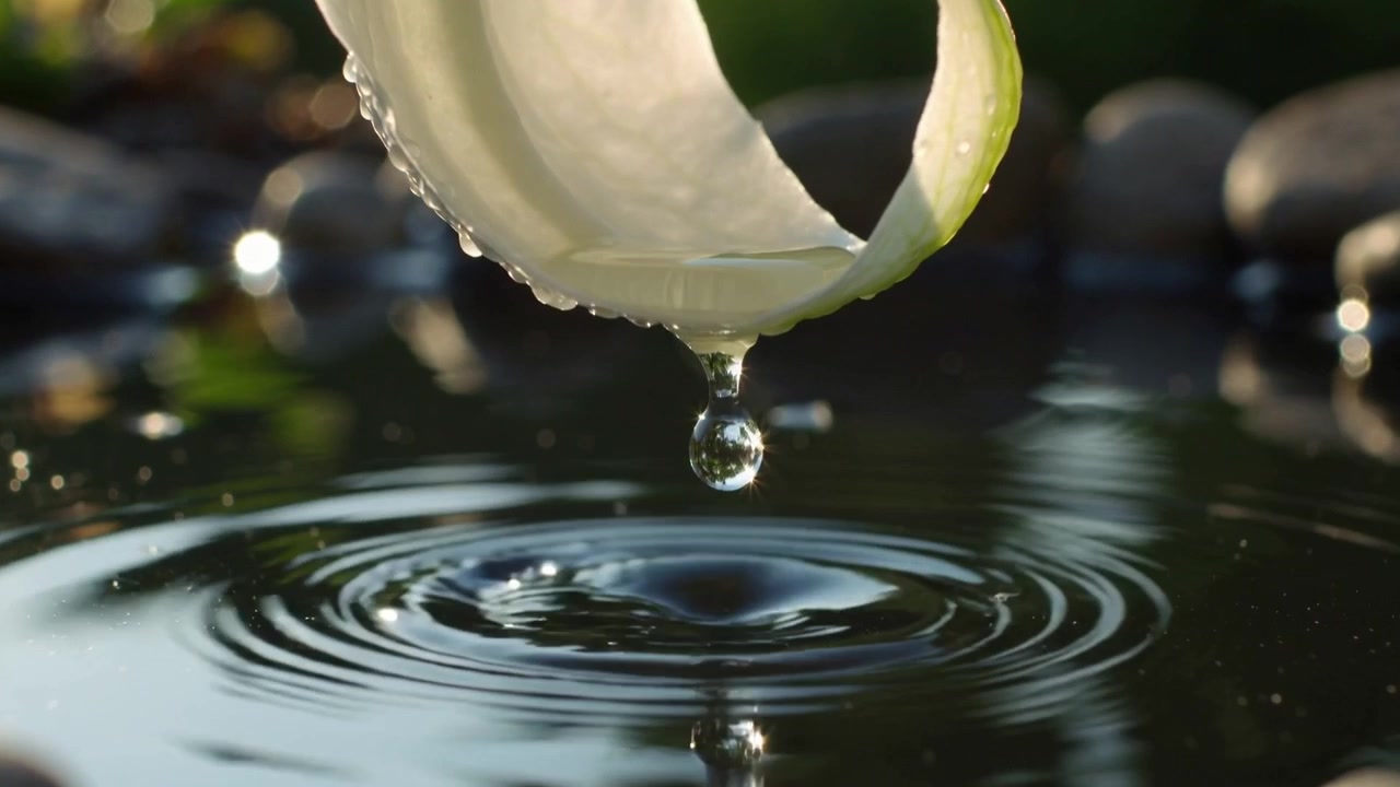 Gocciolina che si stacca, petalo bianco arricciato rilascia una gocciolina che cade in uno specchio d'acqua del giardino creando increspature.