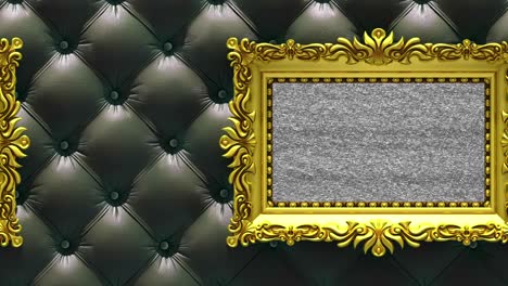 camera moves along gold picture frames on luxury black upholstery background. seamless looped 3d animation. mockup with tv noise and green screen.